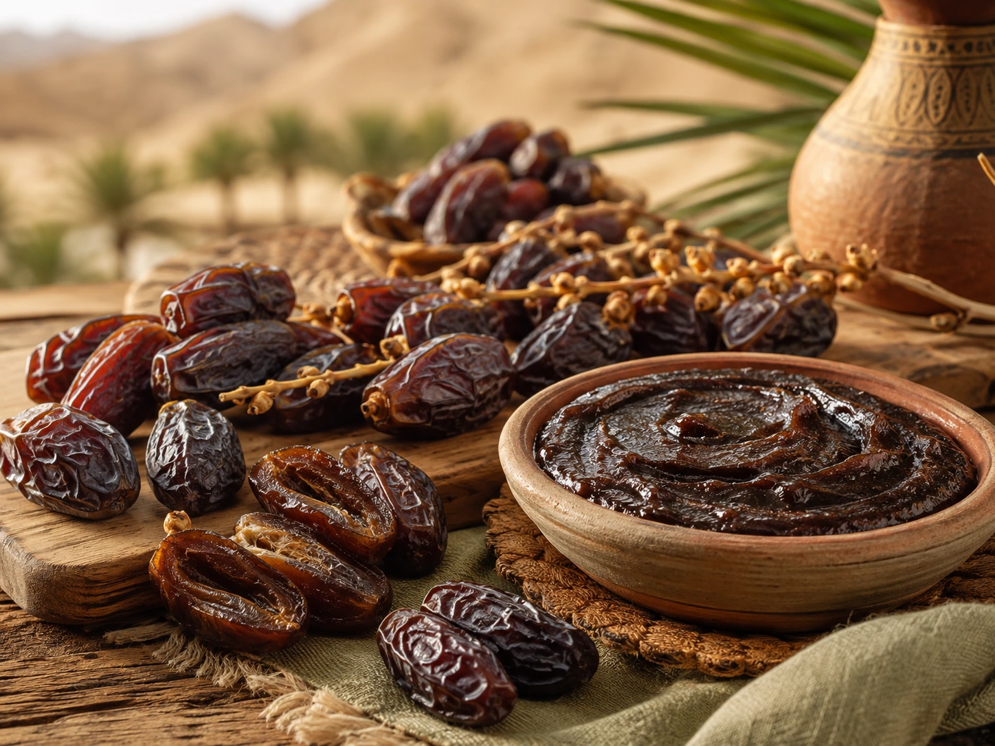 تمور سيناء وعجوة مقدمة في أوانٍ فخارية