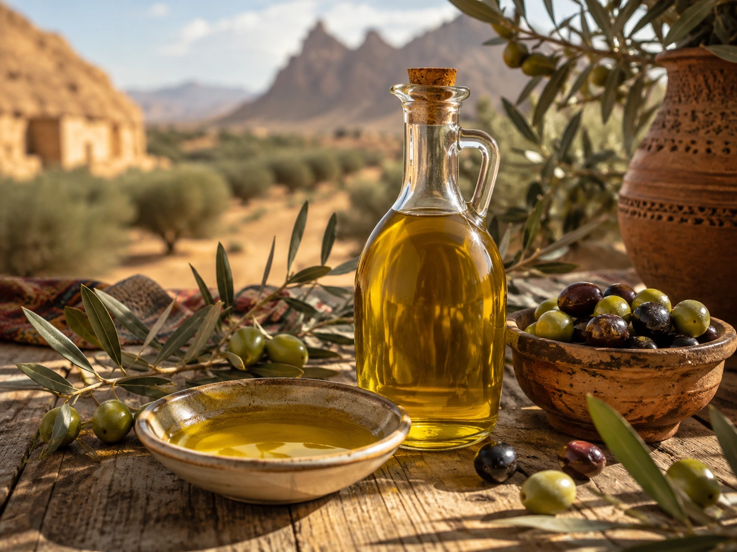زجاجة زيت زيتون سيناوي مع ثمار الزيتون