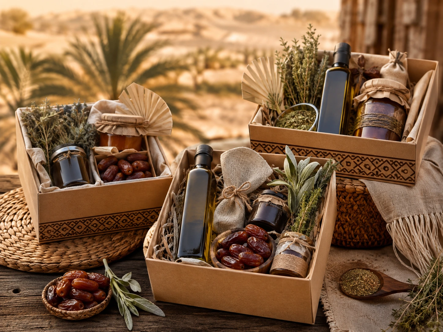 صندوق هدايا يضم منتجات من سيناء مثل الزيت والتمور والأعشاب والعسل
